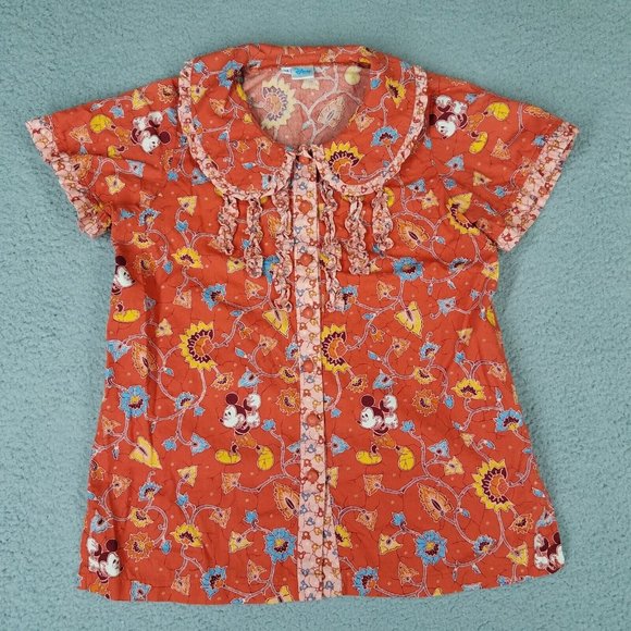 Disney Shirt Girl's Kid's 14 Orange Button Front Mickey Mouse Floral Ruffles - Picture 1 of 10